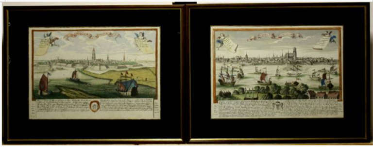 Set of rare 18th century framed city views by Johann Chr. Leopold.

View of Gorinchem resp. Dordrecht (The Netherlands), the city seen from across the river Merwede with small and large boats in the foreground, the angels in the top corners