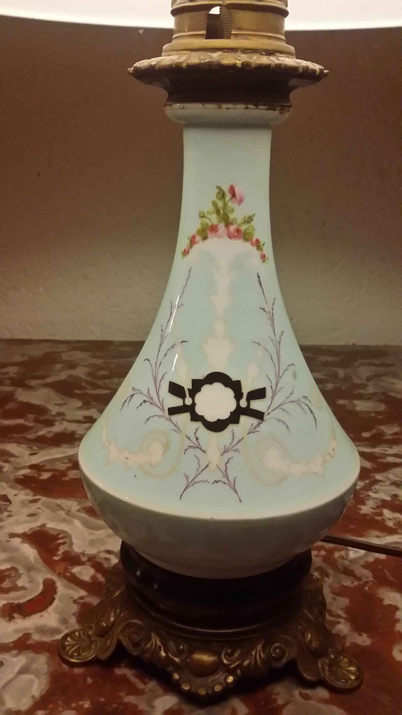 Pair of Antique Dutch Opaline Table Lamps with Bronze Feet
