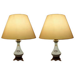 Pair of Antique Dutch Opaline Table Lamps with Bronze Feet