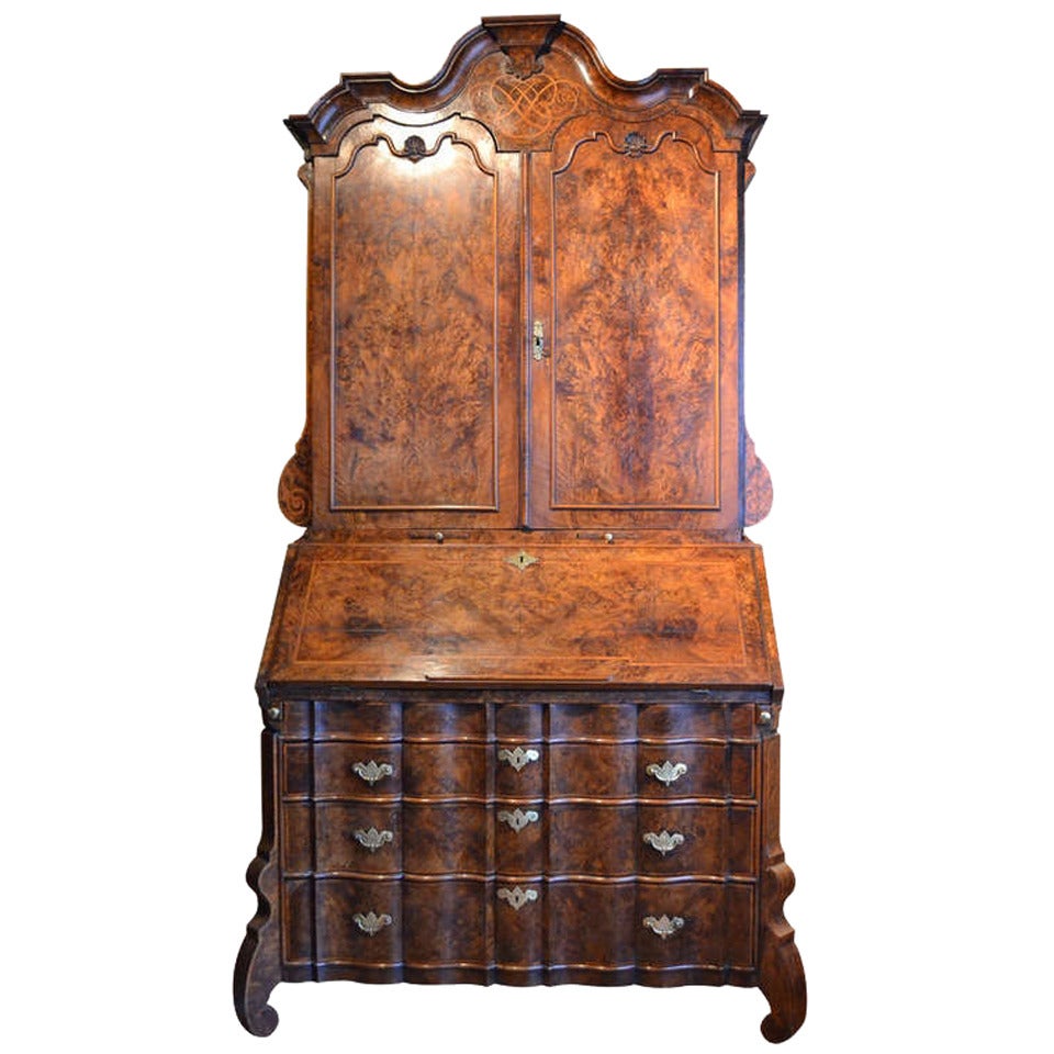 Exceptional Burr Walnut Imperial Monogrammed Bureau-Bookcase, Scriban For Sale