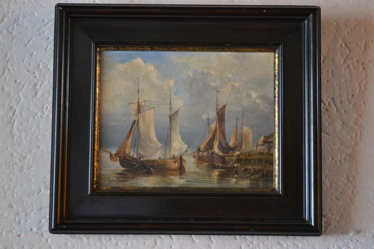 The flat-bottomed river cargo-boats with their drawn up (NL. 'gegeide') sails waiting to be loaded / unloaded. Oil on linen, signature illegible.

The aforementioned sizes are indicative, please contact our office for the exact dimensions.