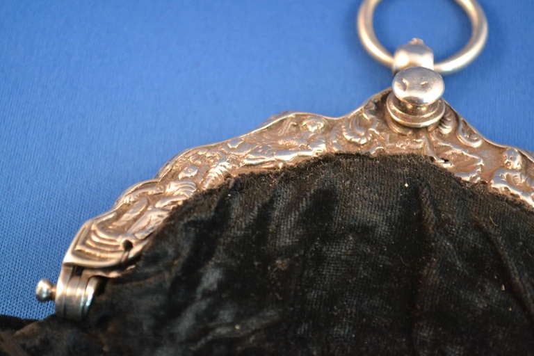Late 18th Century Demilune 18th Century Dutch Louis XV Double Silver Purse with Velvet Bag For Sale