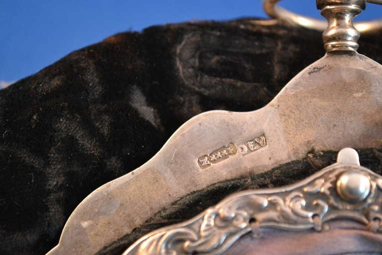 Demilune 18th Century Dutch Louis XV Double Silver Purse with Velvet Bag For Sale 1