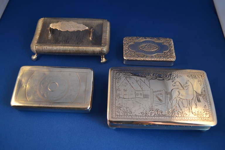 Dutch Silver Tabatière, 1874.  See underneath right, image 5.  Dutch silver snuff-box/tobacco box with later silver ball feet; presently multi-purpose, e.g. silver tea or coffee spoons, jewelry or just decoration.  The cover engraved with a rural