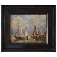 Vintage Marine Painting '19th Century Boats in Harbour'