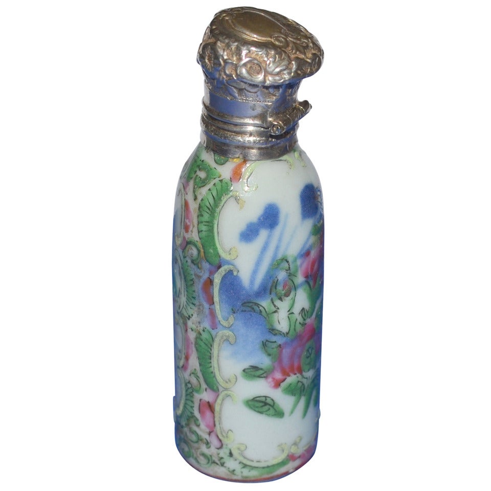 19th Century "Famille Rose" Porcelain Perfume Bottle with Silver Stopper For Sale