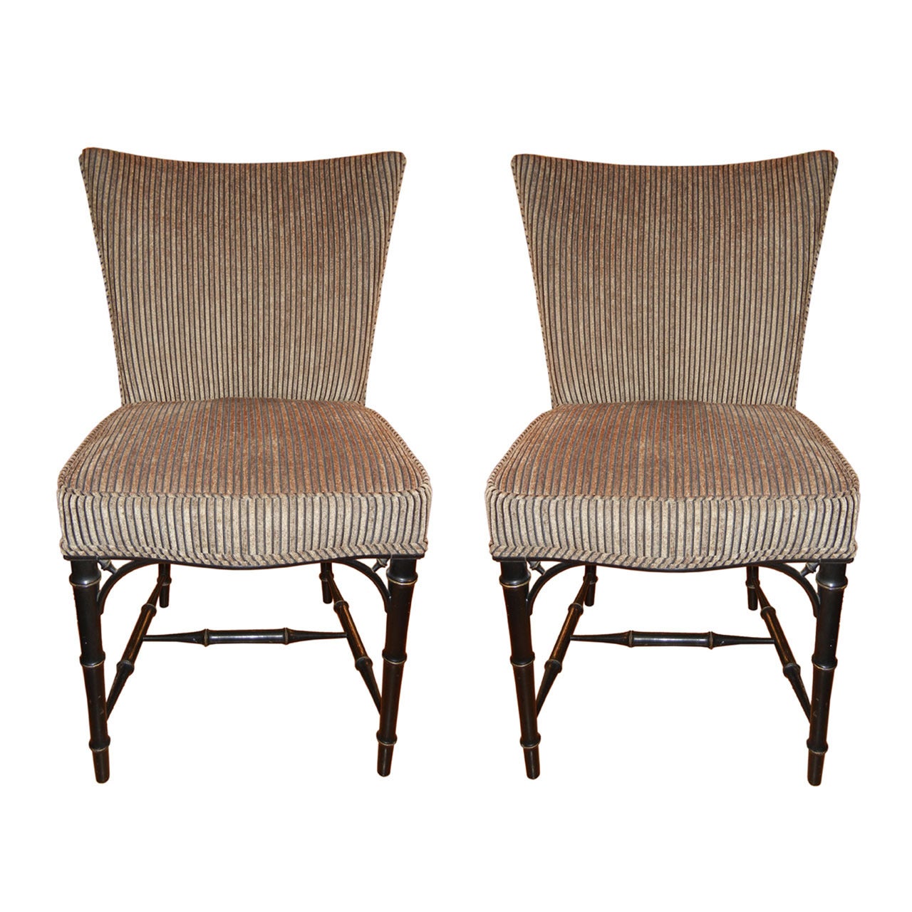 Four  Regency Style Ebony Bamboo Upholstered Dining Chairs