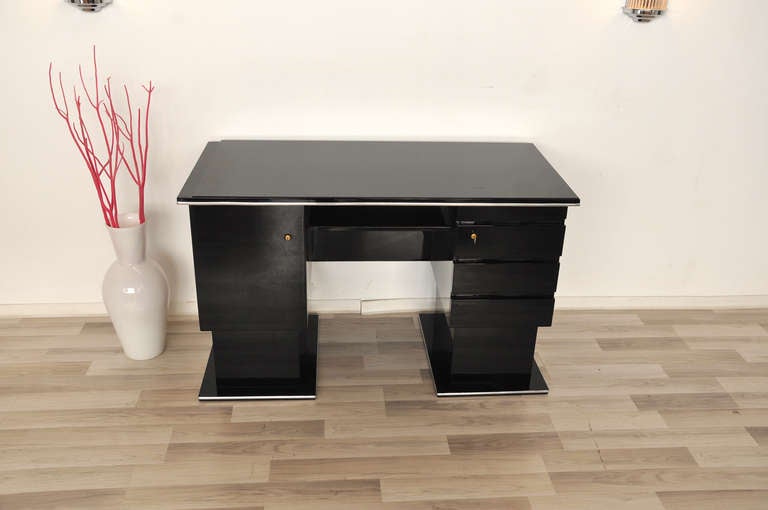 Blackened Original Bauhaus Desk with Lacobell Glass Top