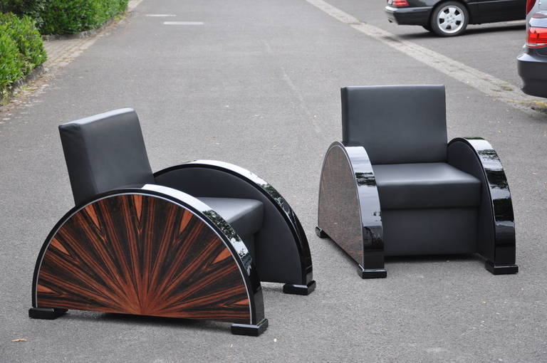 Faux Leather Pair of Art Deco Macassar Armchairs