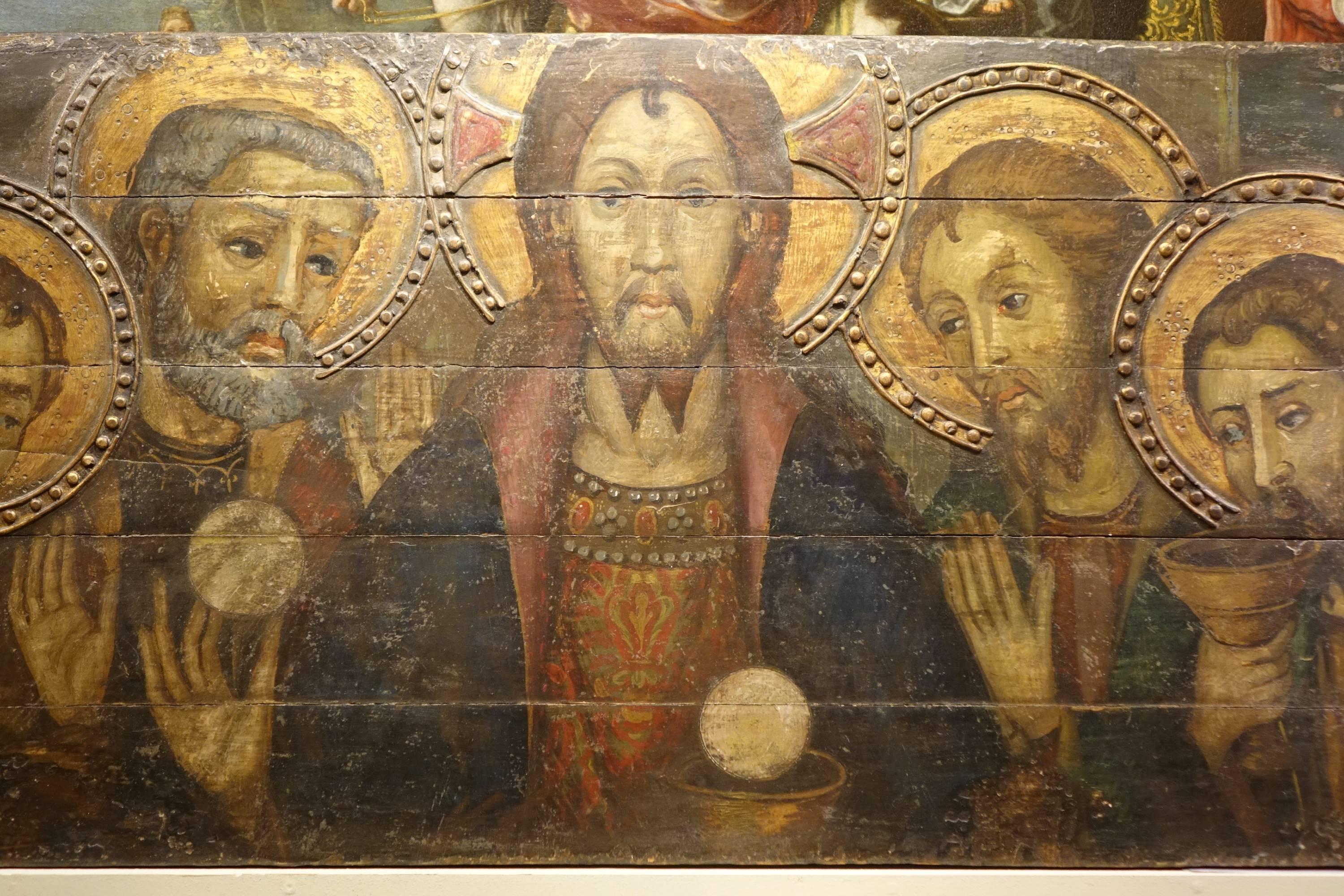 Part of a predella (lower part of an altarpiece, which serves as a support for the main panels), representing the Last Supper (the last meal that Jesus Christ took with the twelve apostles on the evening of Holy Thursday).
Tempera paint on wood