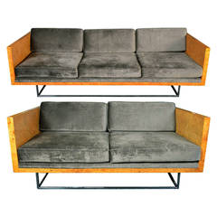 Rare Pair of Sofas by Milo Baughman in Burled Olive Wood, circa 1960
