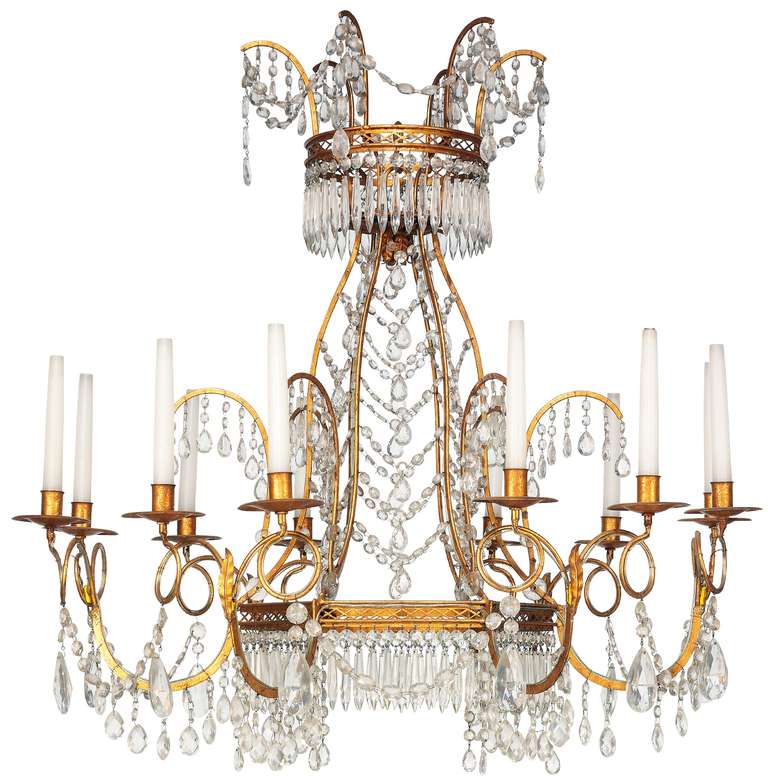 Twelve-light chandeliers, each with pierced trellis corona and conforming hexagonal central dish issuing scrolled branches and hung with faceted drops and chains.