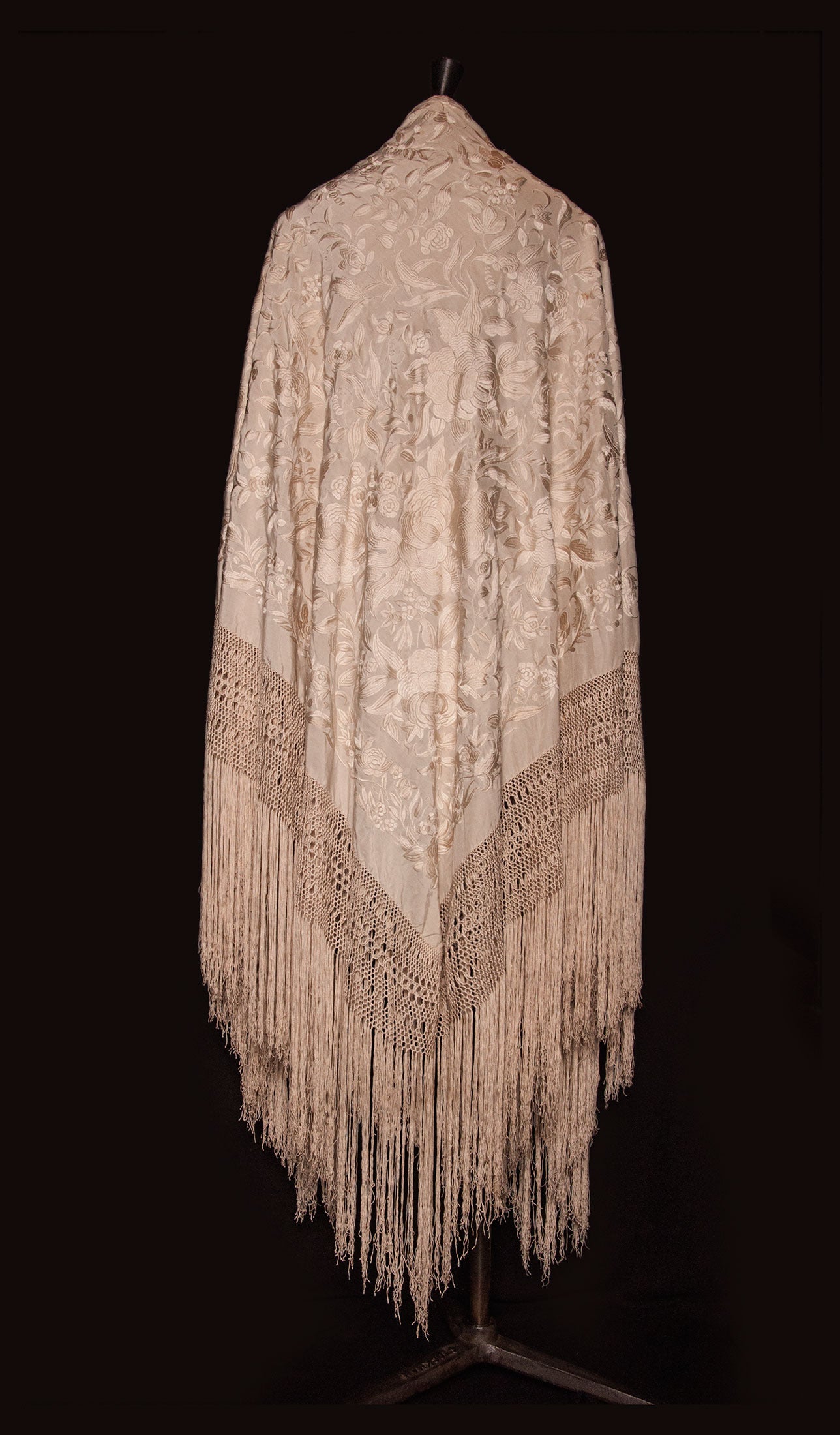 "Manila" Shawl in Ivory Silk, All Hand Embroidered For Sale