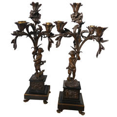 Great Pair of 19th Century Bronze French Cherub Candelabrum