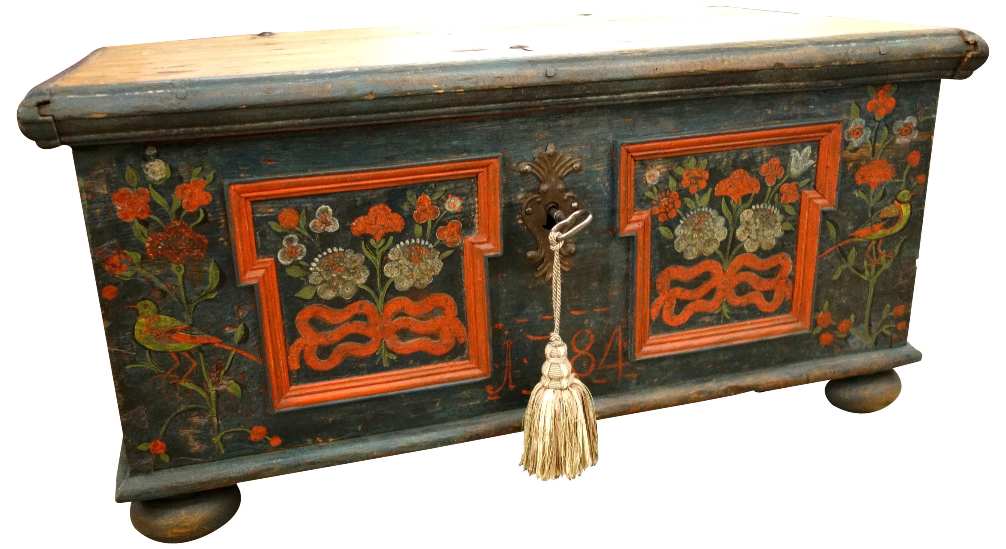 Blue Green and Red Paint Decorated Bavarian Trunk