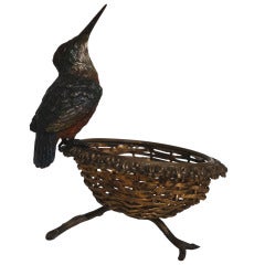 19th Century Austrian Cold Painted Bronze Bird and Basket