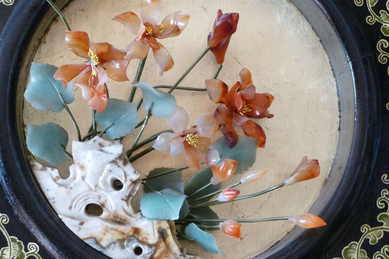 20th Century Exquisite Chinese Colored Jade Carved Flowers and Gilded Screen