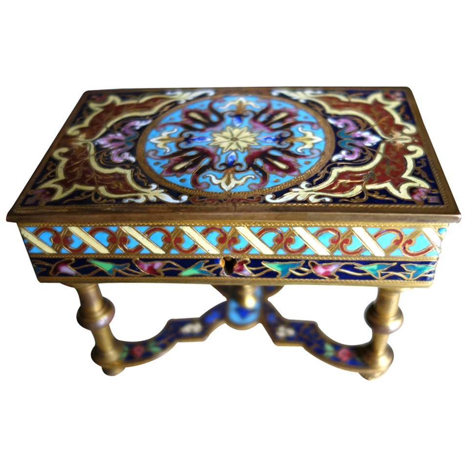 Brass and Enamel Inlay Miniature Table with Lock