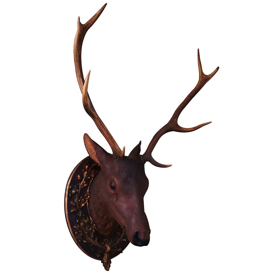 Paper Mache Deer Head with Real Antlers and Wood Carved Plaque For Sale