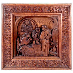 Substantial Wood Carved Relief Panel Featuring Monks Tasting Wine
