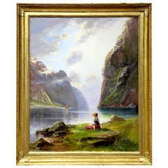 "The Homecoming" Great Norwegian Fjord Painting by Hans Dahl