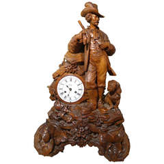 Monumental Black Forest Carved Swiss Clock Hunter with Dog