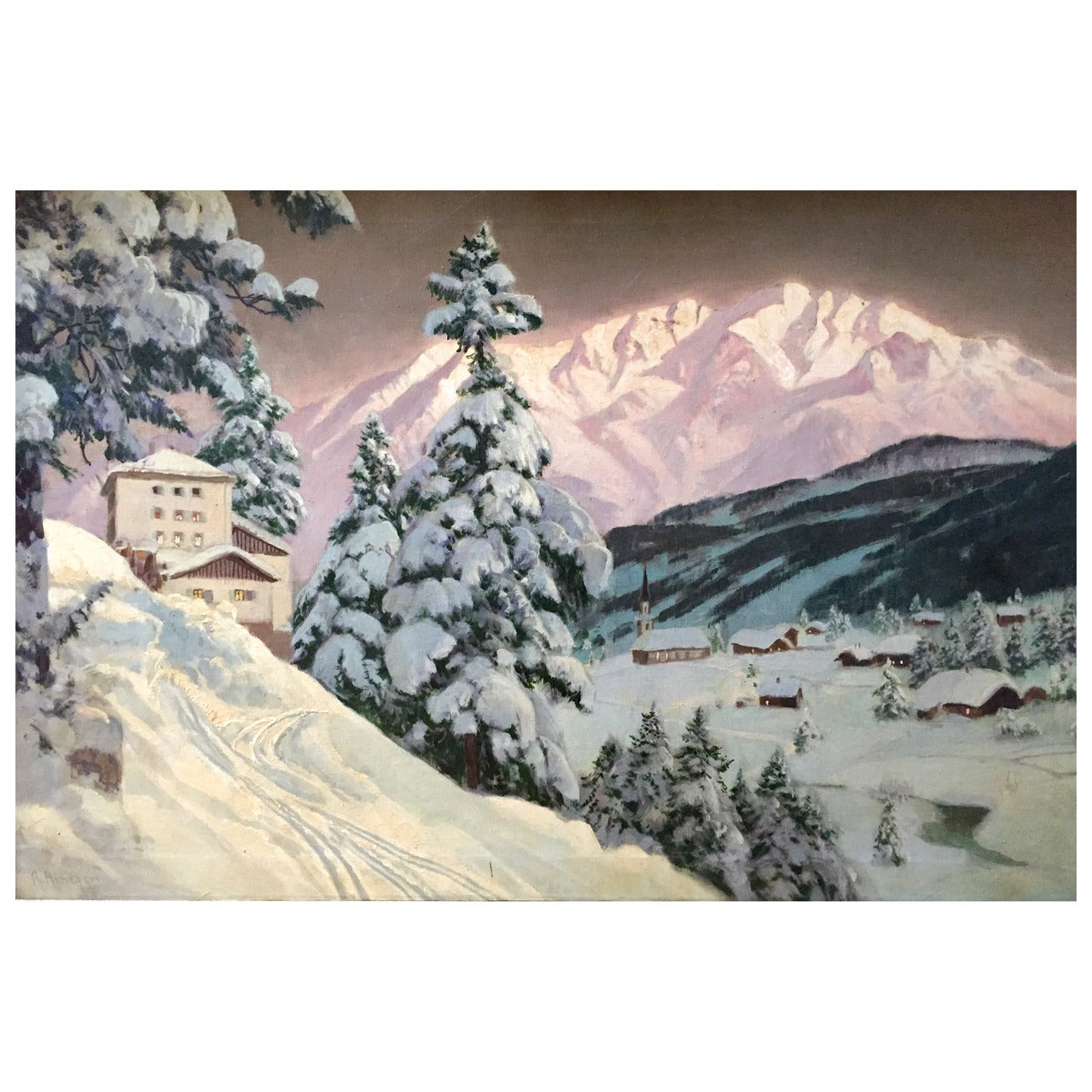"Tyrolean Village at Dusk" Painting by Alois Arnegger