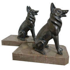 Vintage Pair of Art Deco Spelter and Marble Dog Bookends