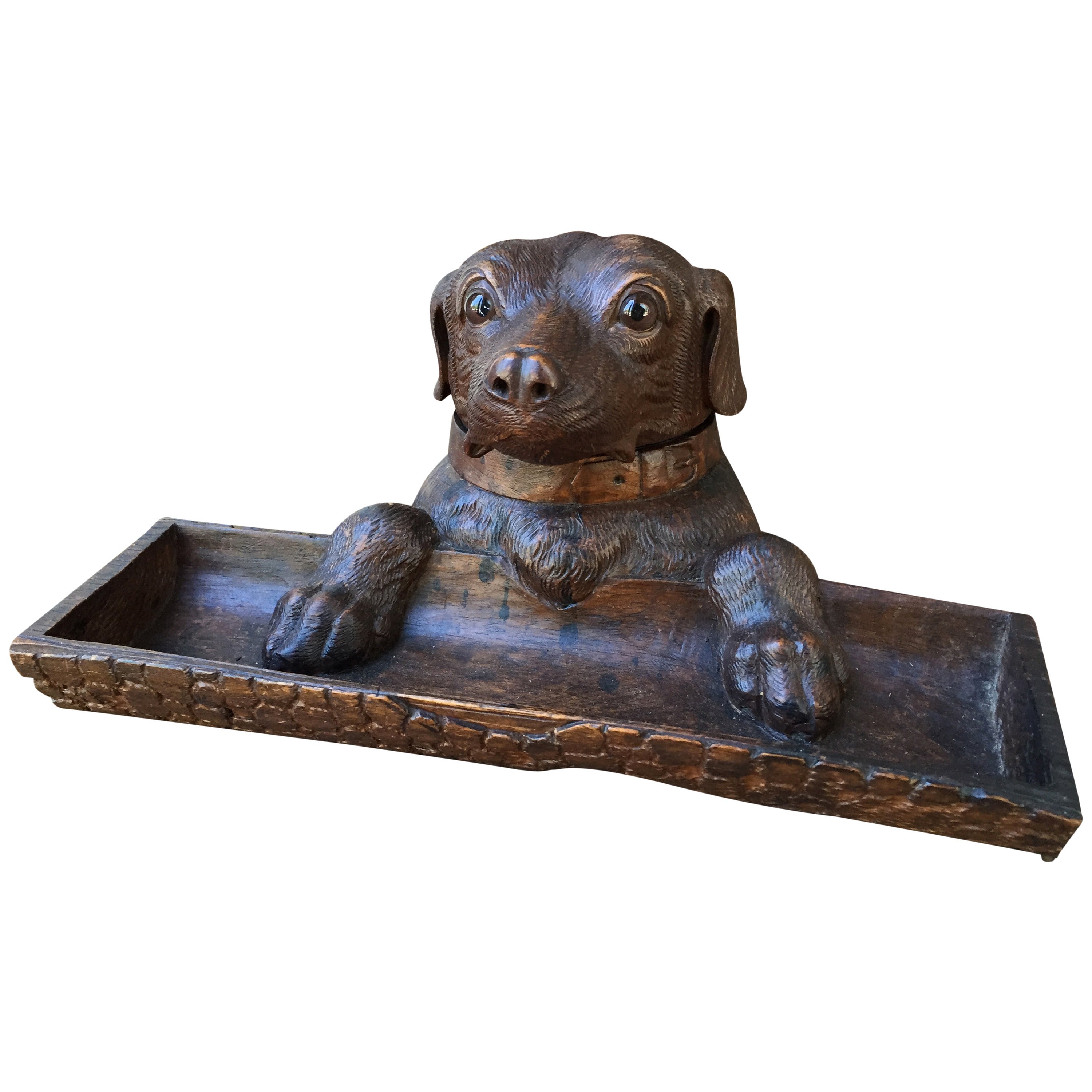 Well Carved Black Forest Dog Inkwell, circa 1900