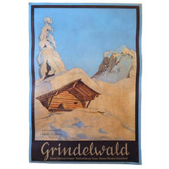 Vintage Ski Travel Poster, "Grindelwald A. Benois Di Stetto" on Linen