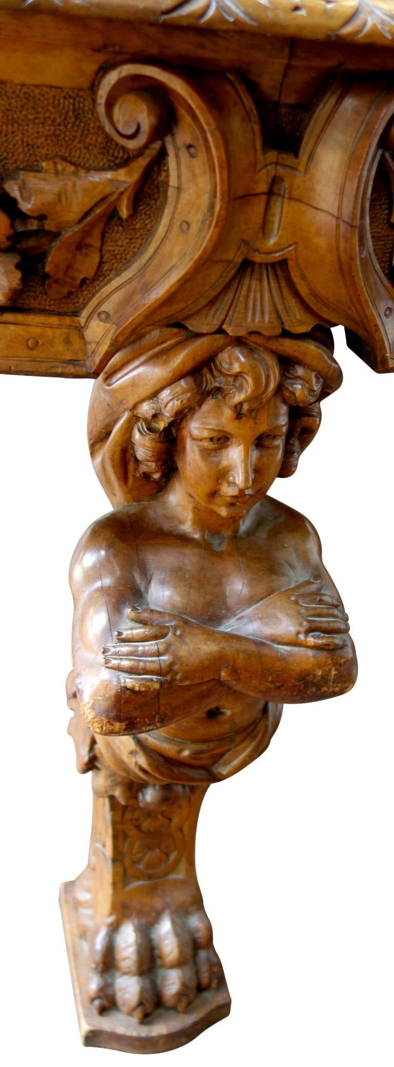 Italian 19th Century Renaissance Revival Figural Carved Round Walnut Table