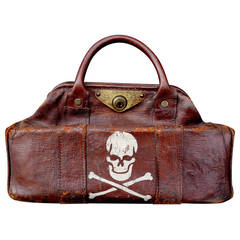 Fabulous Turn of the Century Leather Carry All Bag with Skull and Cross Bones