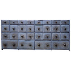 Early American Dry Blue Painted, Twenty-Eight Drawer Apothecary