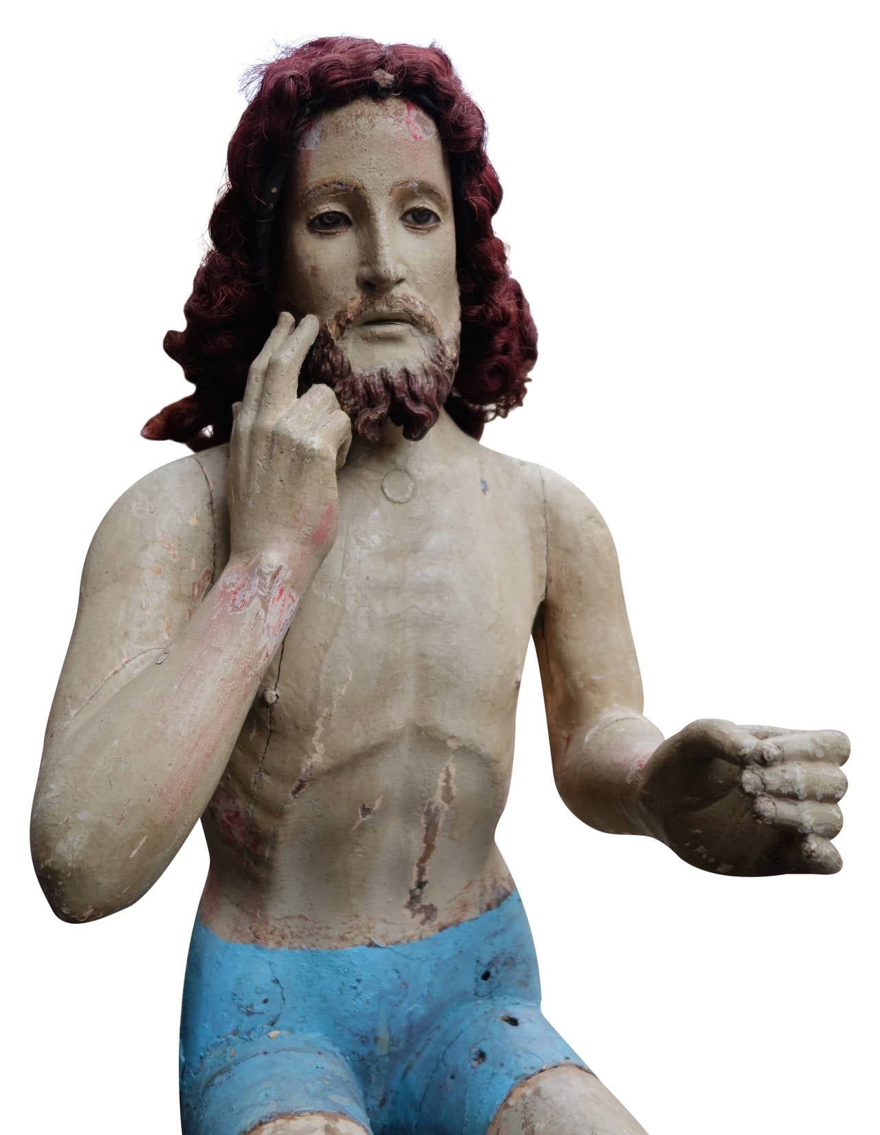 Folk Art Early Carved and Painted Seated Figure of Christ with Wig