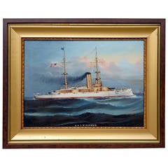 Antique "U.S.S. Wisconsin" US Naval Steam Ship Painting by Antonio Jacobsen