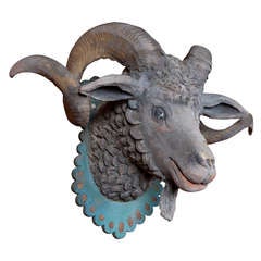 Austrian Carved Polychromed Ram's Head with Real Horns