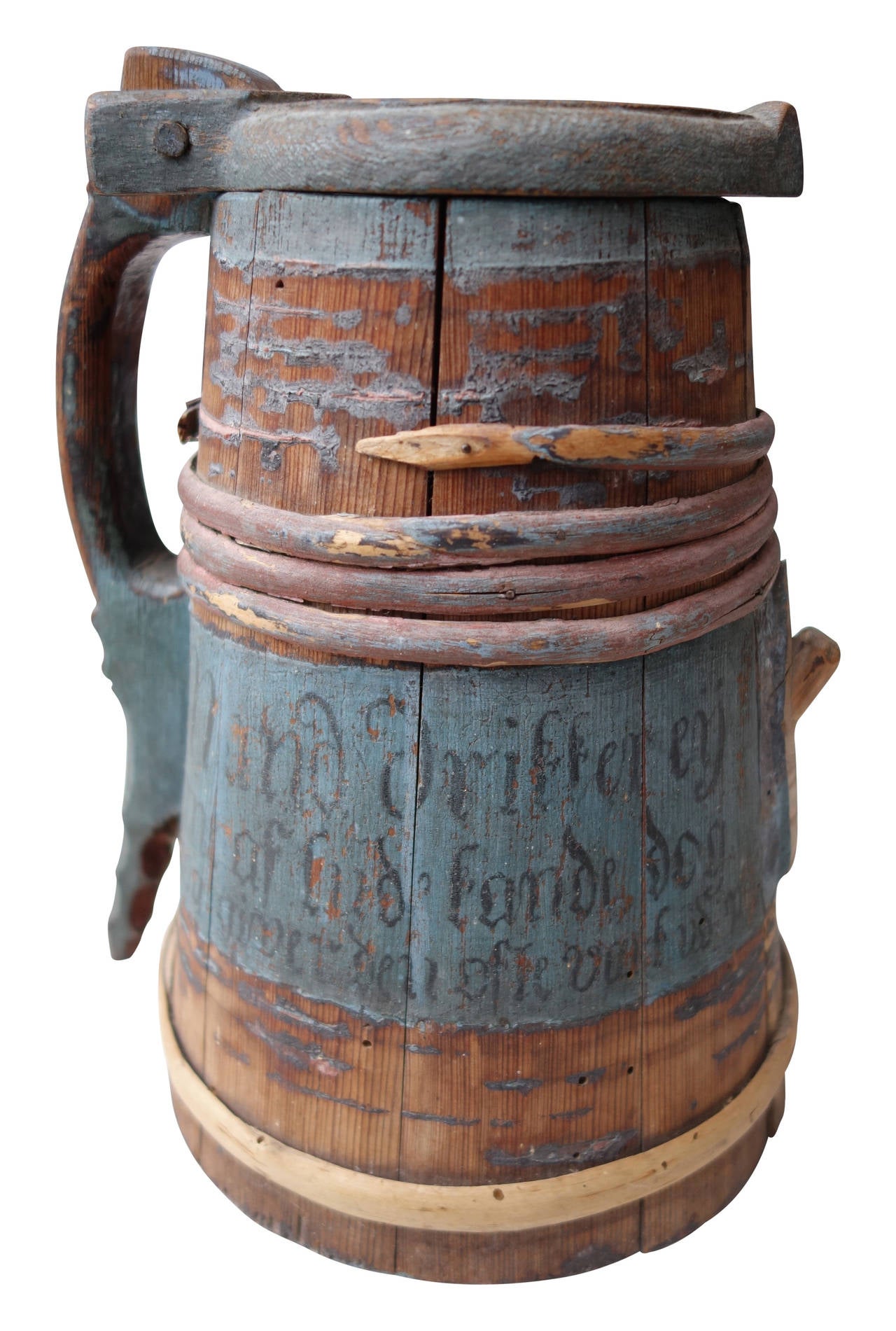 18th century Norwegian wood tankard painted with initials and dated 1789.