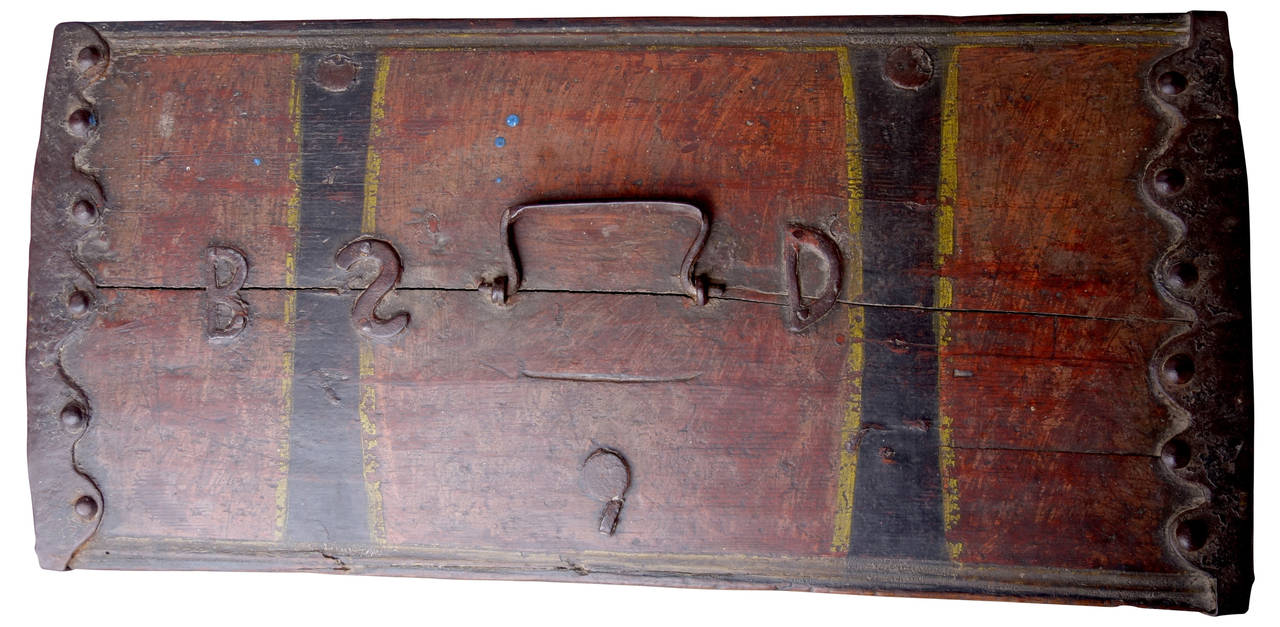 Folk Art Folky Money Chest with Great Paint Decoration and Iron Work from Norway