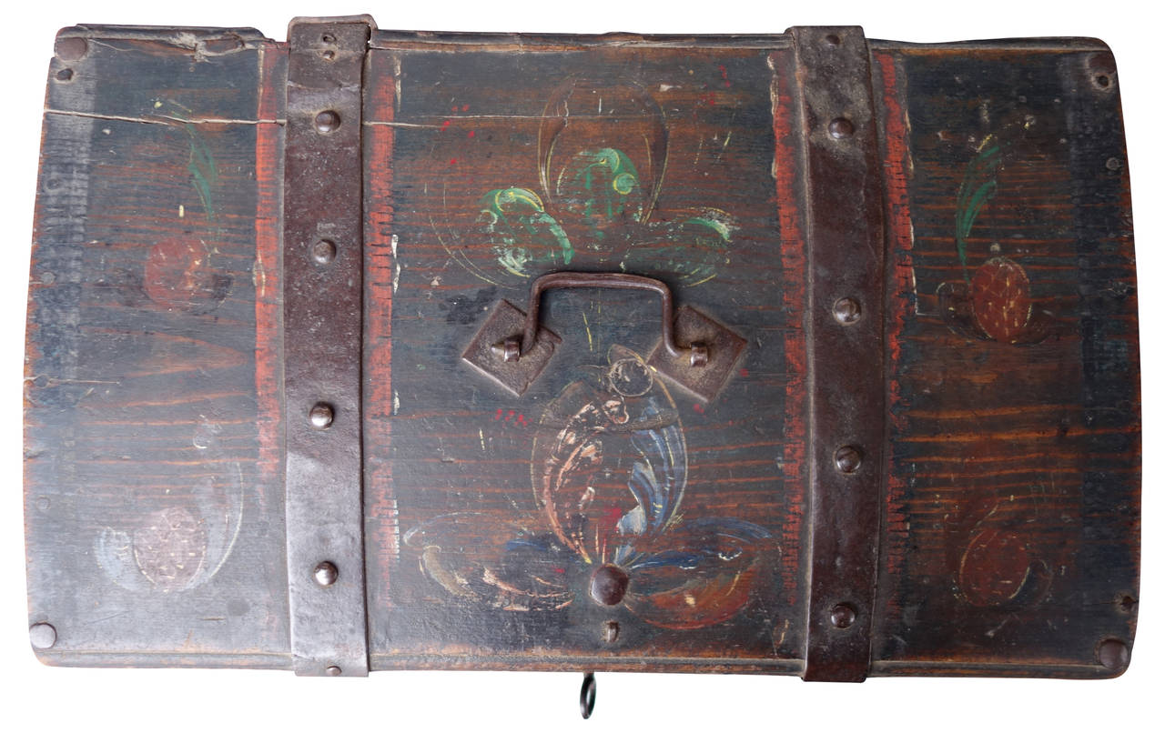 Great Paint Decorated and Wrought Iron Chest from Norway