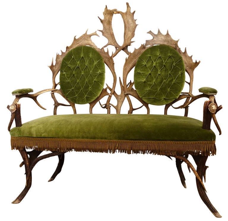 Rare 19th Austrian Set of Antler Furniture 6 Side Chairs and 1 Settee