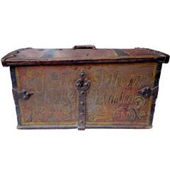Antique Folky Money Chest with Great Paint Decoration and Iron Work from Norway