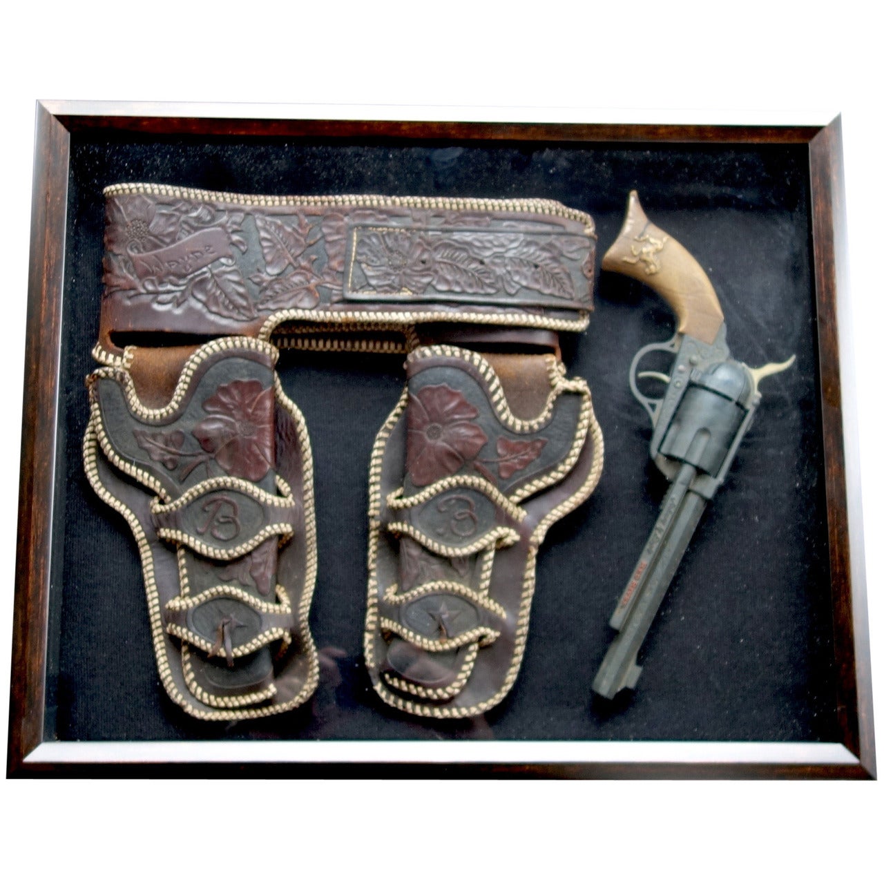 Leather Tooled Holster and Prop Gun in Shadow Box