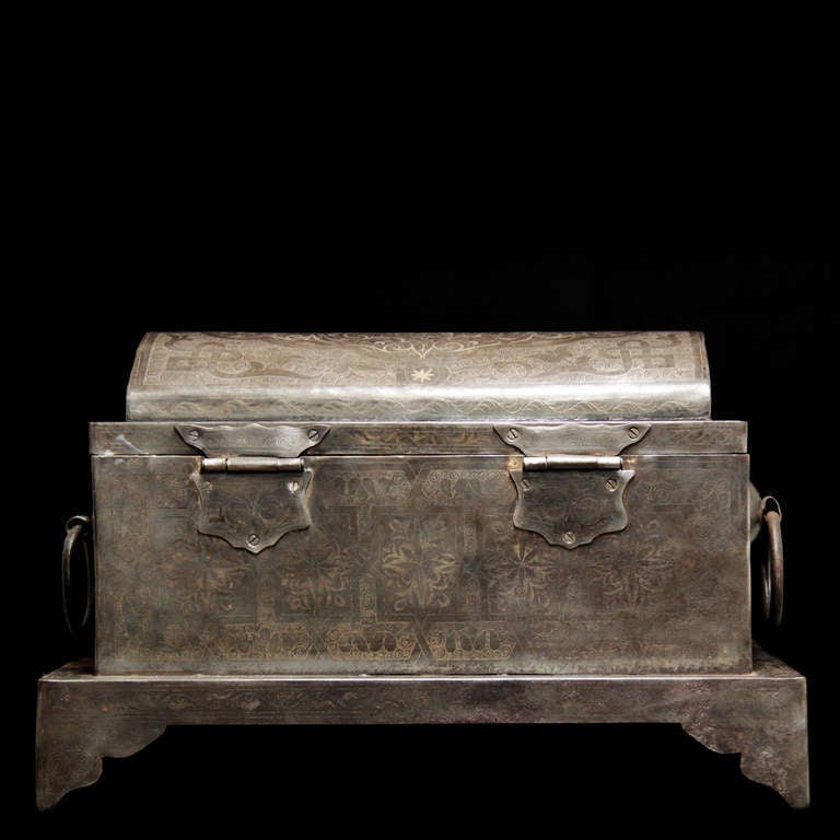 Islamic Wonderful 19th Century Iron casket with Silver Marquetry