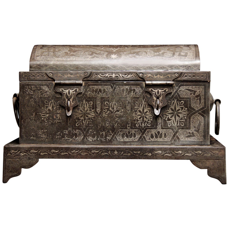 Wonderful 19th Century Iron casket with Silver Marquetry