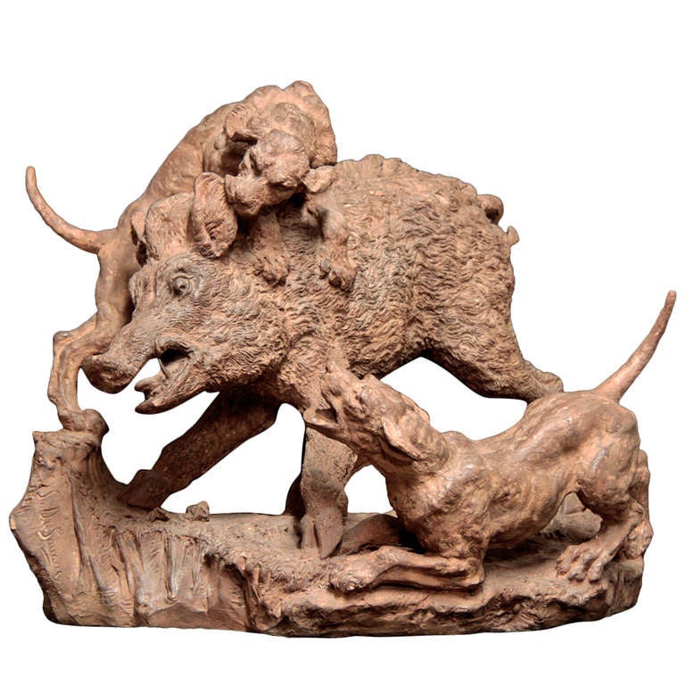 19th Century french Terracotta Group of Wild Boar and Two Dogs For Sale