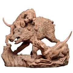 19th Century french Terracotta Group of Wild Boar and Two Dogs