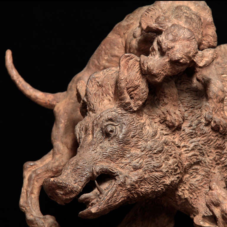 19th Century french Terracotta Group of Wild Boar and Two Dogs For Sale