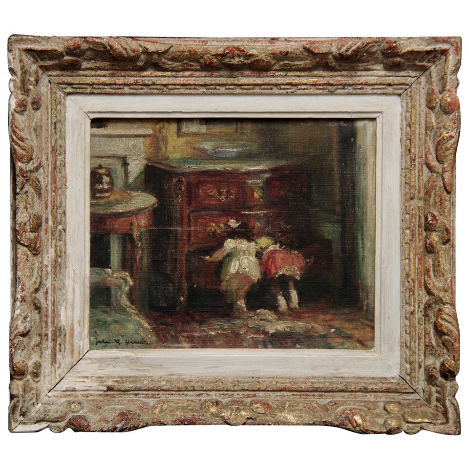 20th c.french Painting of two children looking in commode by Jules R. Herve