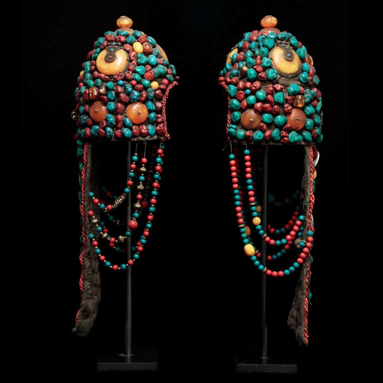 Pair of Wonderful 19th Century Tibetan Beaded Head Pieces