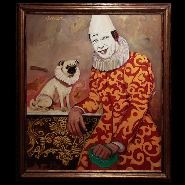 George van Herwaarde, 1938-2011
Pierrot with French bulldog
Very important Dutch painter in the art world, famous by the painting of pierrots
Including the handmade framing
Oil on canvas
Excellent condition
Measurements canvas: Height 180 cm